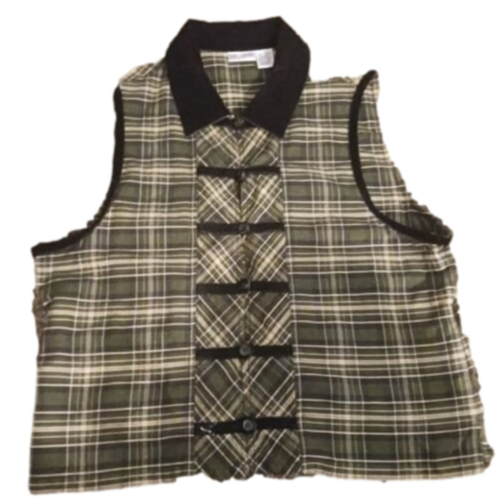 SUN River Clothing Plaid Vest Women L Button Cotton Faux Suede Collar and Trim
